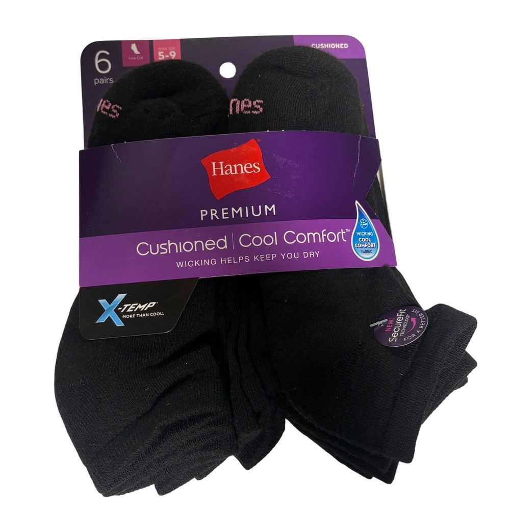 Hanes Premium Womens 6 Pair Black Low Cut Cushioned Cool Comfort Socks Size 5-9
